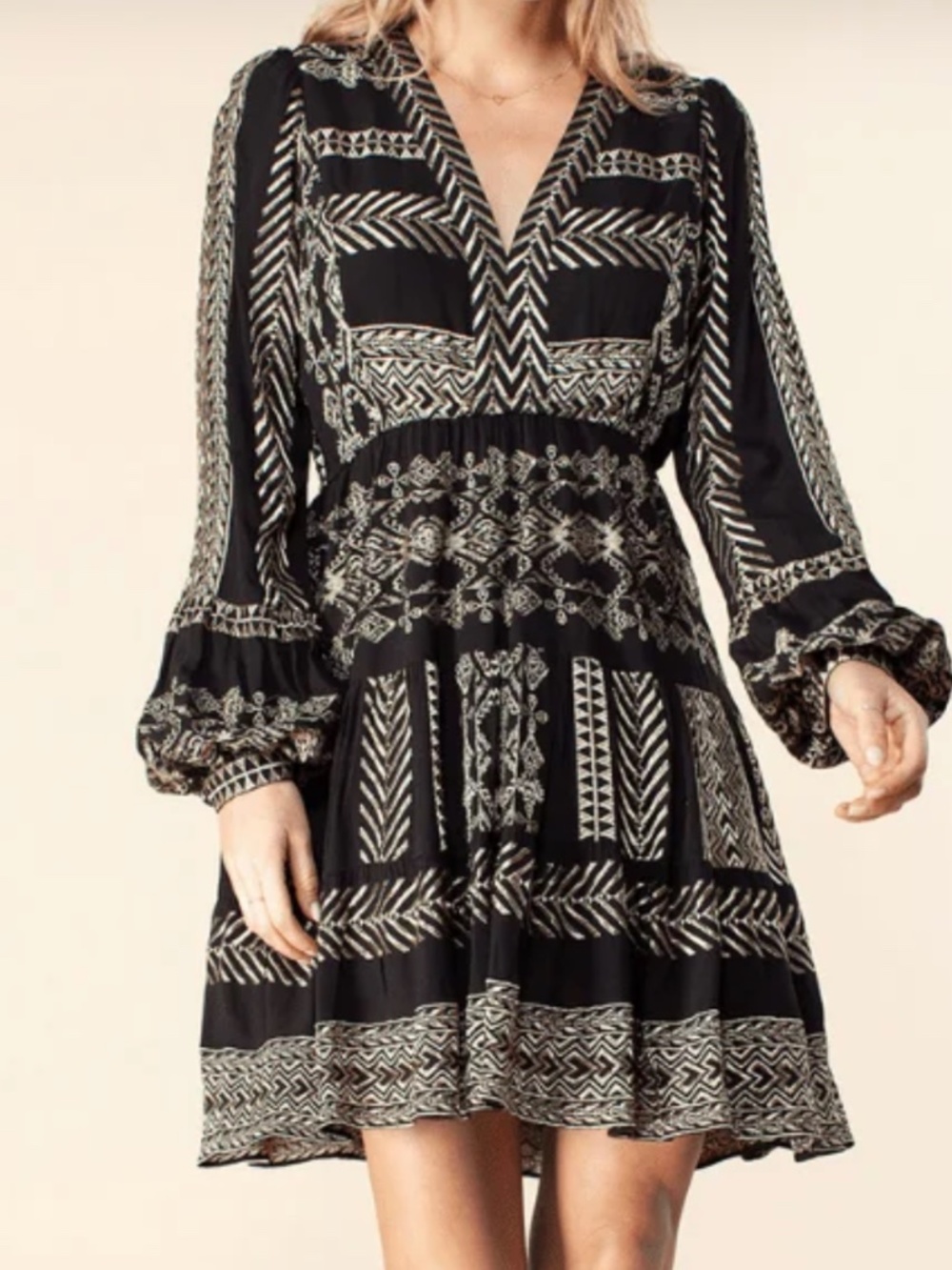 Hale Bob Lucia Dress White with Gold Embroidered details Long Sleeve NWT - Picture 3 of 12